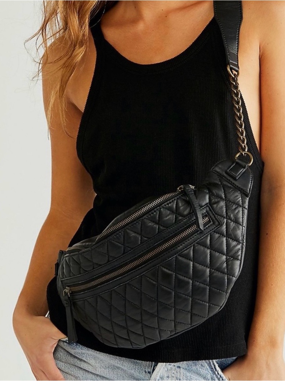 Free People Quin Quilted Black Leather Sling Bag with Chain Accent Strap, NWOT